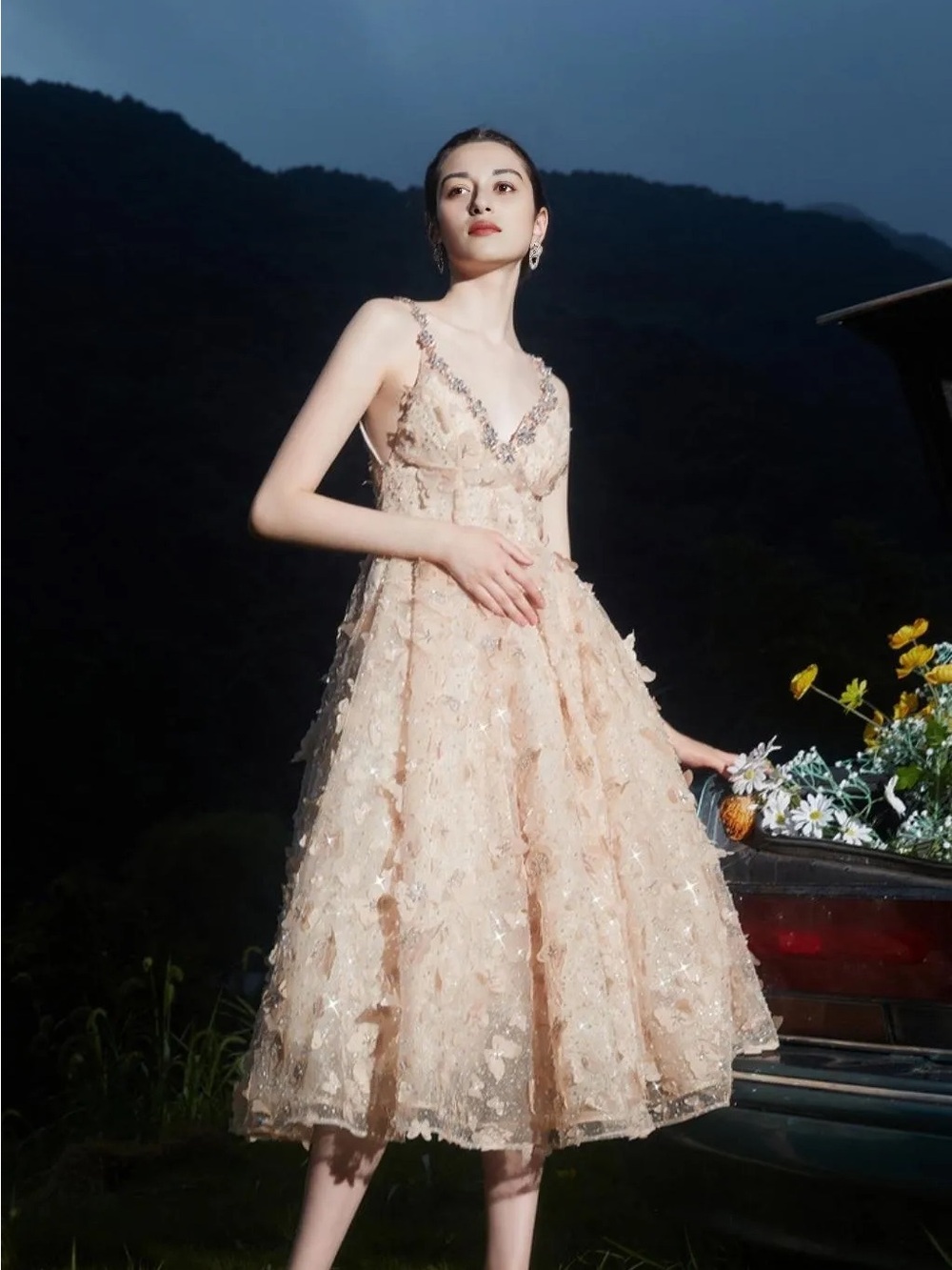 Embellished Ivory Floral A-Line Dress